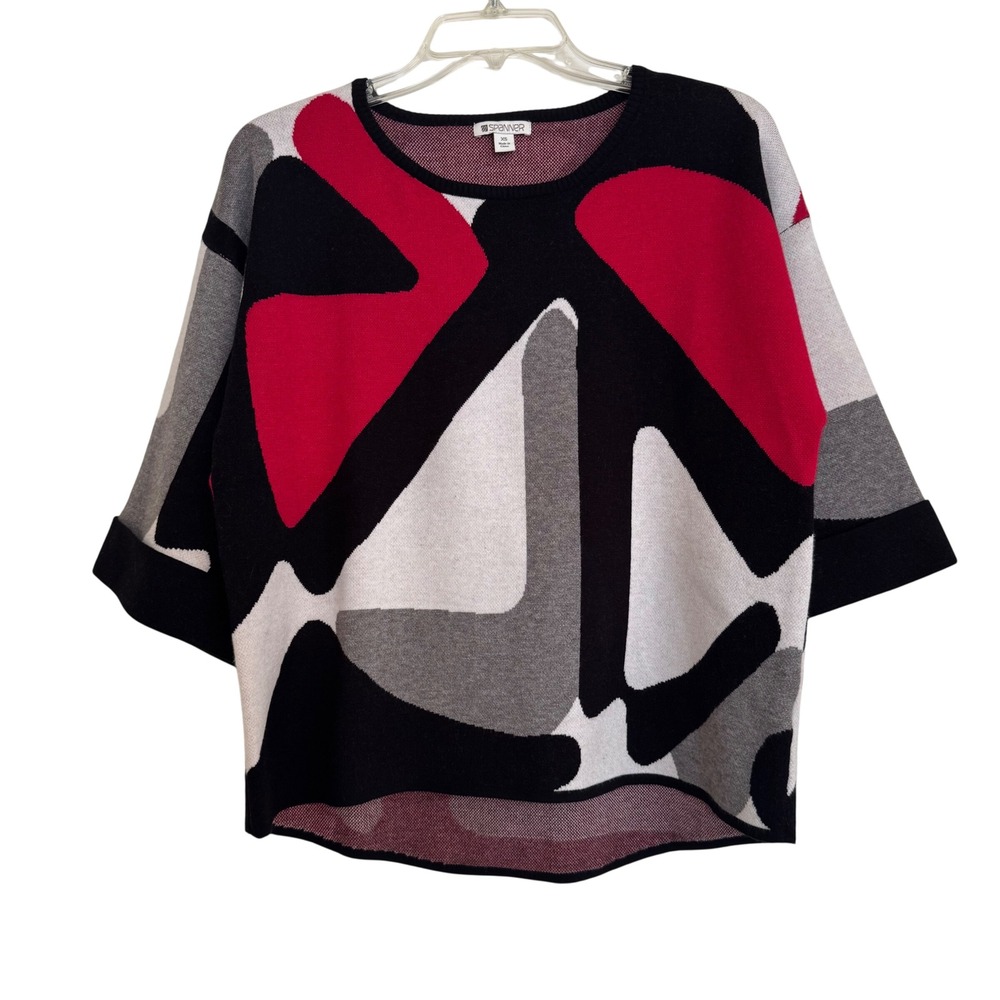 Spanner Abstract Geometric Knit Sweater Red Black Grey White Top XS